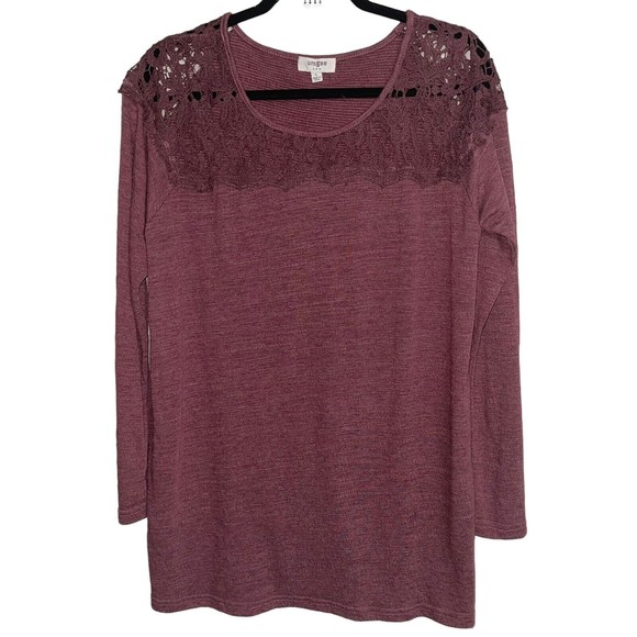 Umgee Tunic Top L Longline Crochet Shoulders Knit Burgundy Brown Long Sleeves - Picture 1 of 10